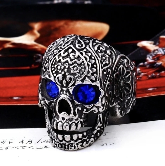 Other - Intricate Skull Ring with Blue Accents
